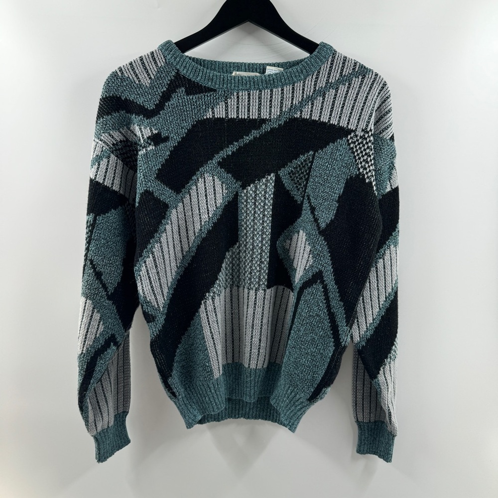 Pacific Club by NAK Abstract Knit Sweater Teal Grey Medium